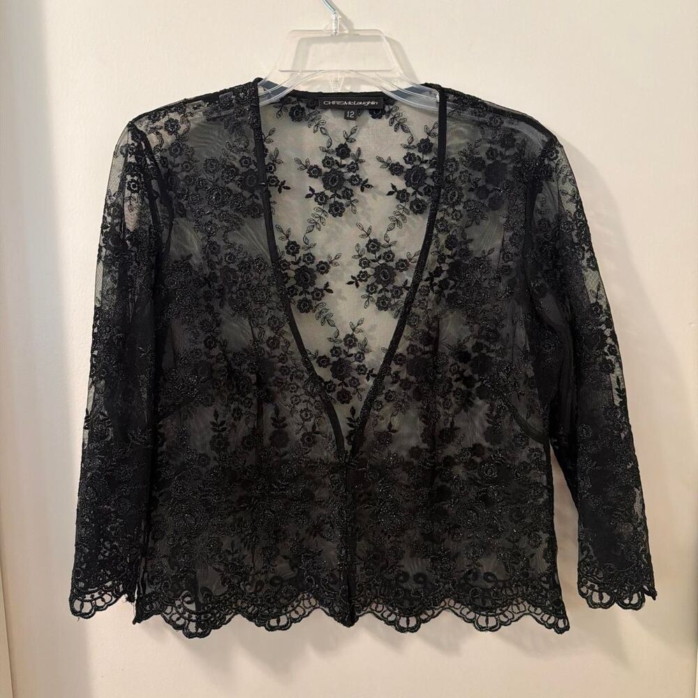VTG Chris mclaughlin Women's Black Lace Embellished Evening Cardigan sz 12